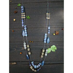 Multi-Strand Beaded Necklace Blue Gray Metallic Artisan Jewelry Boho Gift